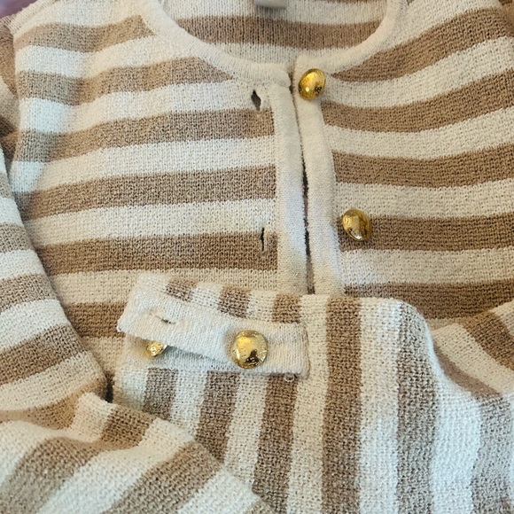 Striped Beige and White Cardigan with Gold Buttons - Picture 3 of 5